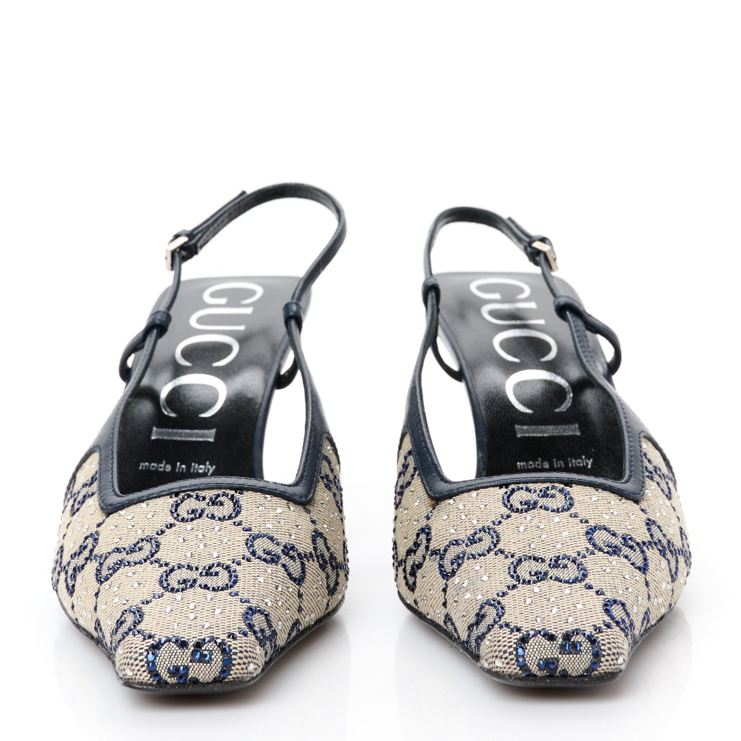 Gucci GG Monogram Malaga Kid Crystal Square G 75mm Slingback Pumps 38 Beige Blue 3 of 10