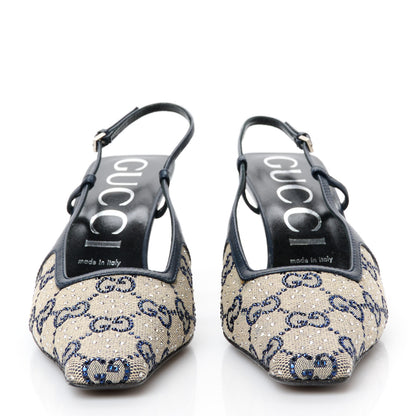 Gucci GG Monogram Malaga Kid Crystal Square G 75mm Slingback Pumps 38 Beige Blue 3 of 10