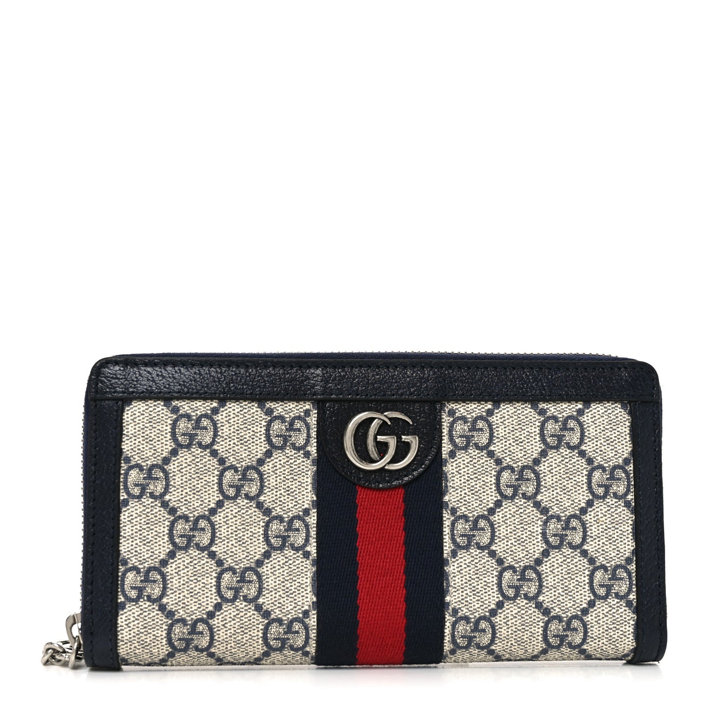 GG Supreme Monogram Textured Dollar Calfskin Web Ophidia Zip Around Wallet Beige Blue