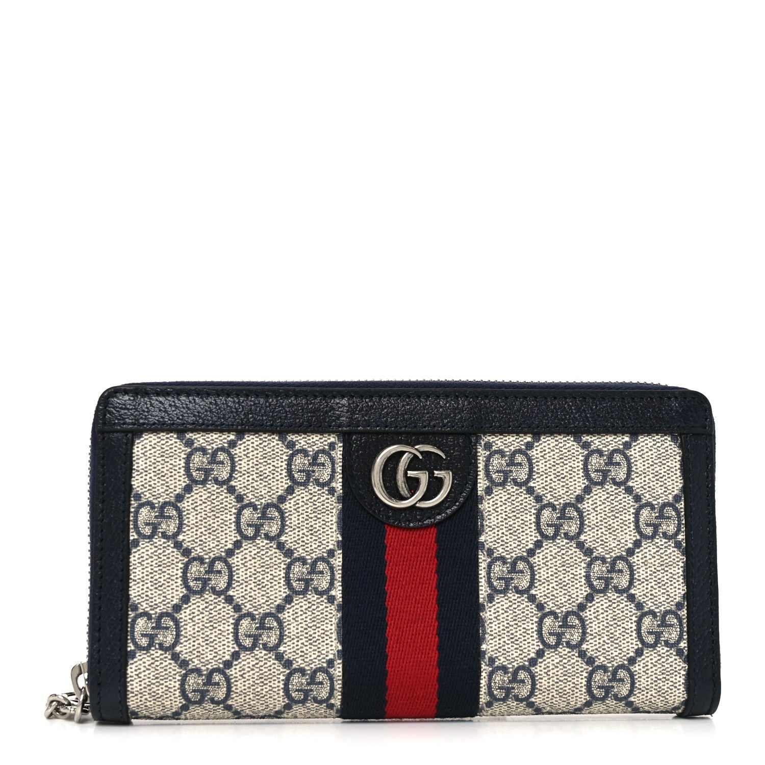 Gucci GG Supreme Monogram Textured Dollar Calfskin Web Ophidia Zip Around Wallet Beige Blue 1 of 7