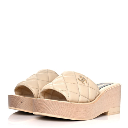 Chanel Lambskin Quilted CC Slip On Platform Sandals 36 Beige 3 of 9