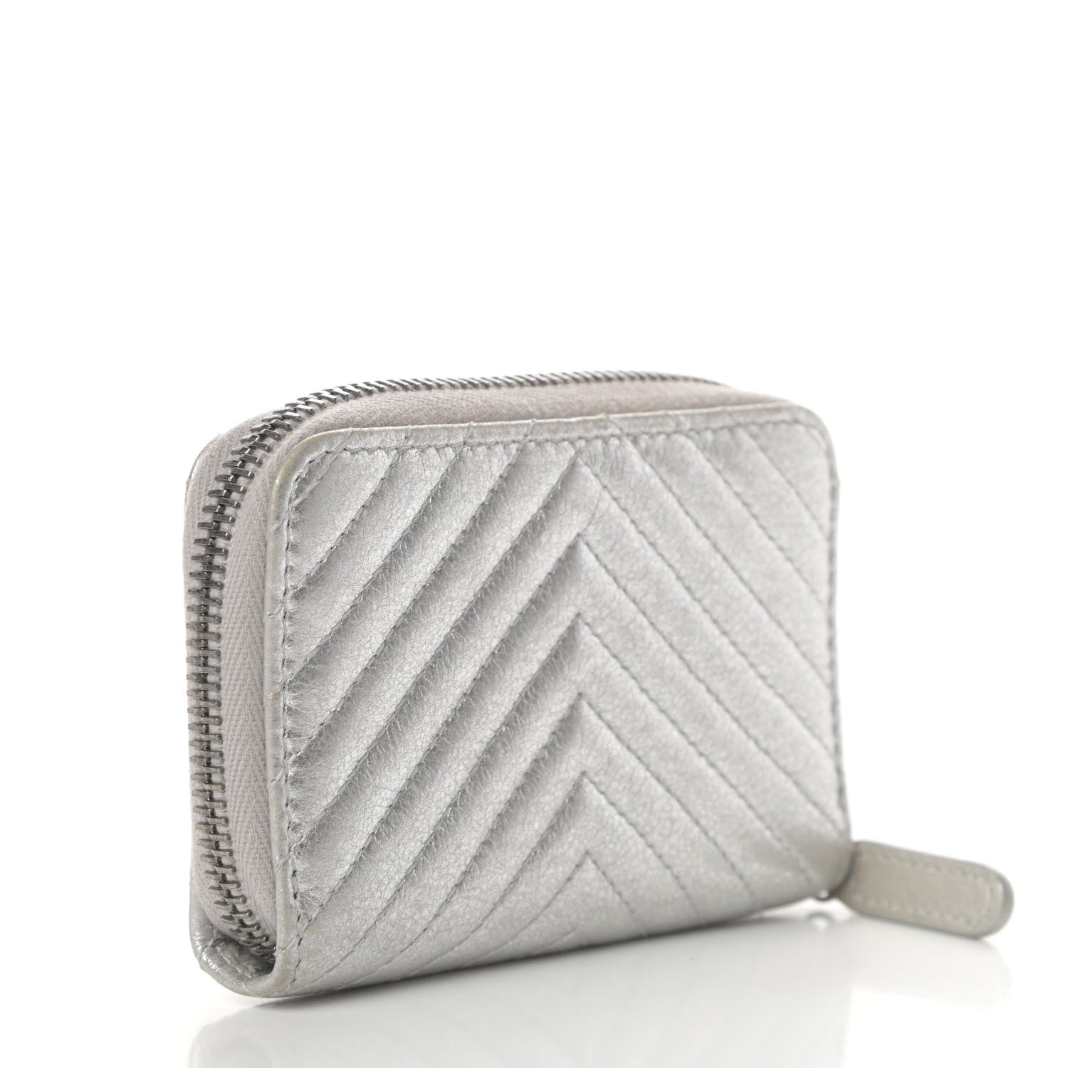 Chanel Metallic Lambskin Chevron Quilted Zip Coin Purse Silver 3 of 8