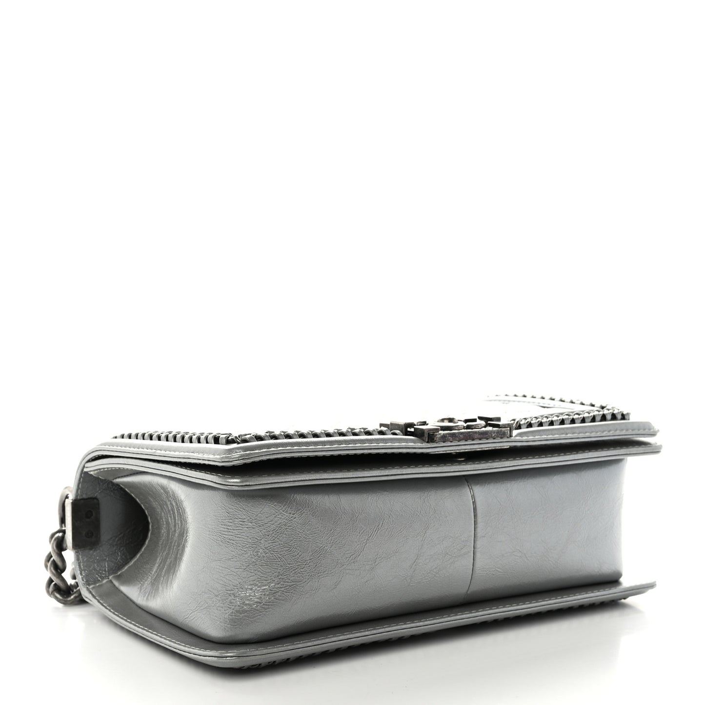 Metallic Aged Calfskin Quilted Medium Top Handle Boy Flap Silver