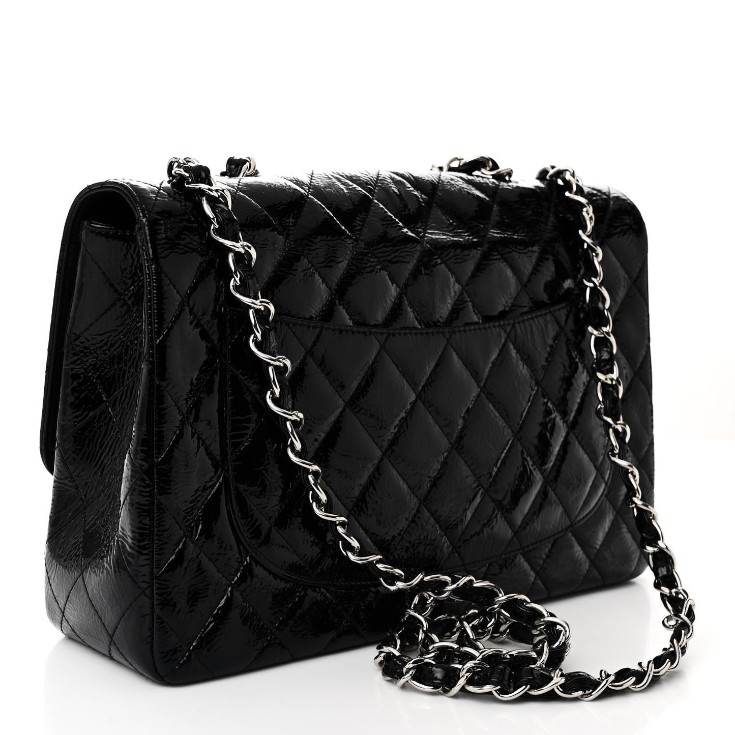 Distressed Patent Quilted Jumbo Single Flap Black