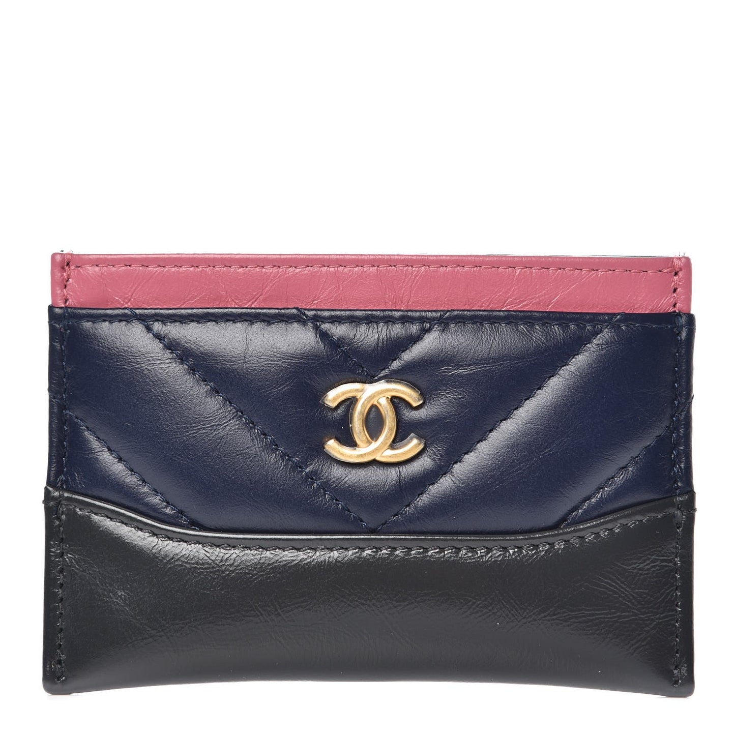 Aged Calfskin Chevron Quilted Gabrielle Card Holder Wallet Pink Navy Charcoal