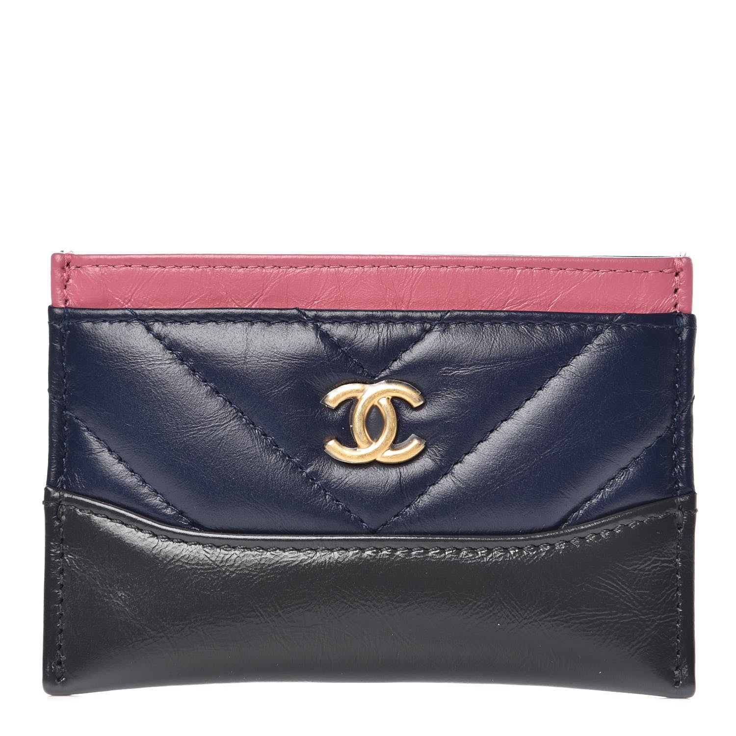 Chanel Aged Calfskin Chevron Quilted Gabrielle Card Holder Wallet Pink Navy Charcoal 1 of 9