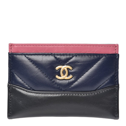 Chanel Aged Calfskin Chevron Quilted Gabrielle Card Holder Wallet Pink Navy Charcoal 1 of 9
