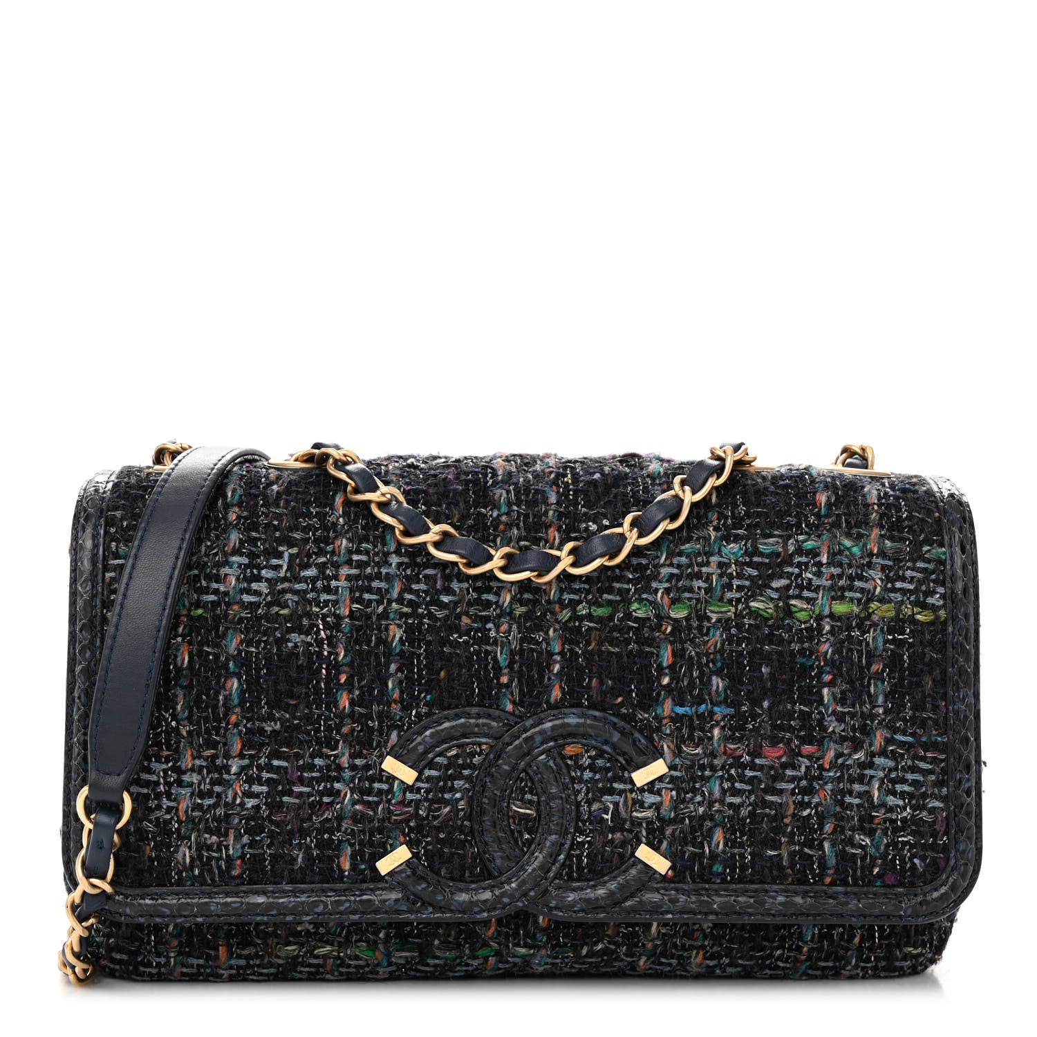 Chanel Tweed Snakeskin Quilted Medium CC Filigree Flap Blue Multicolor 1 of 12