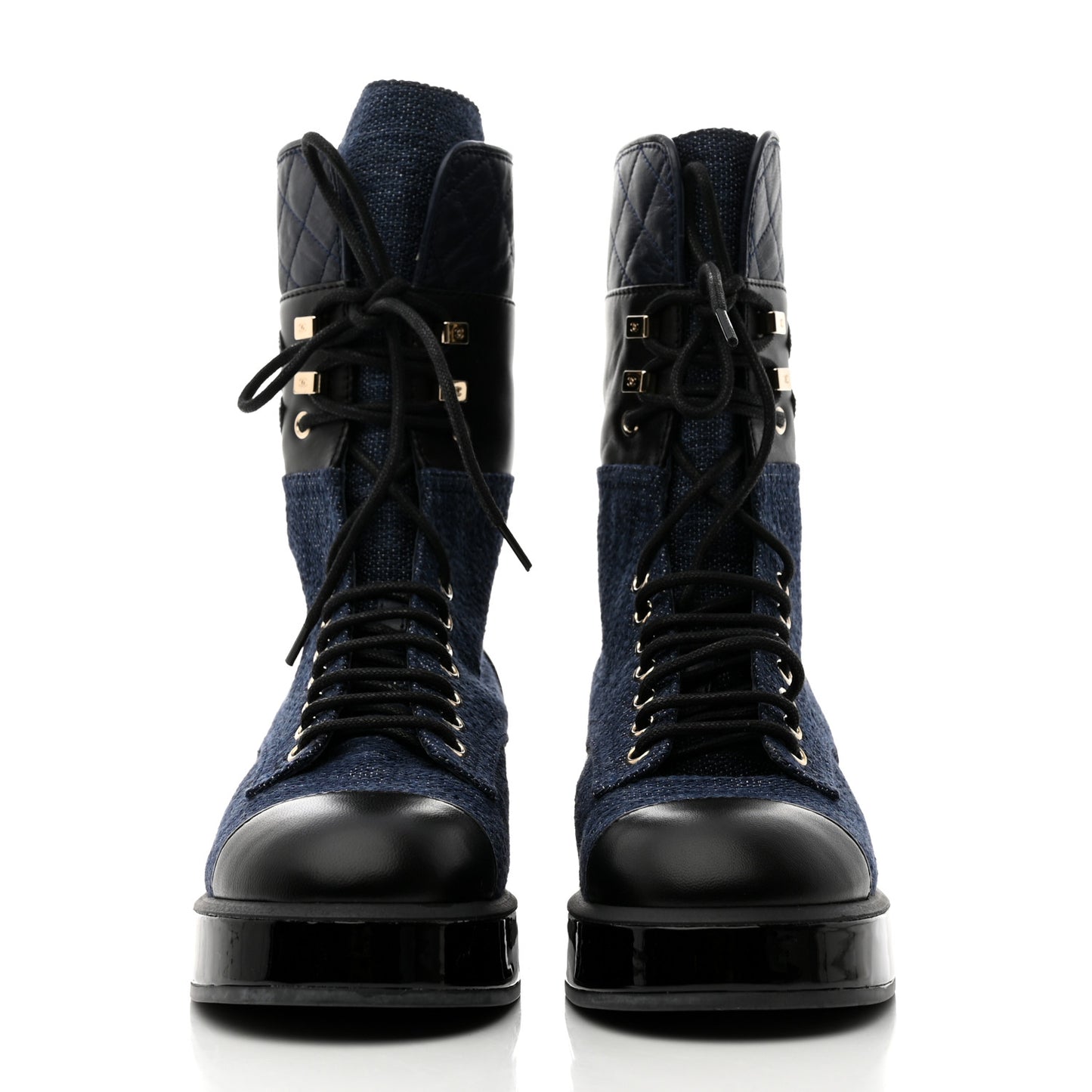 Denim Patent Lambskin Quilted CC Lace Up Combat Boots 36 Navy Blue Black
