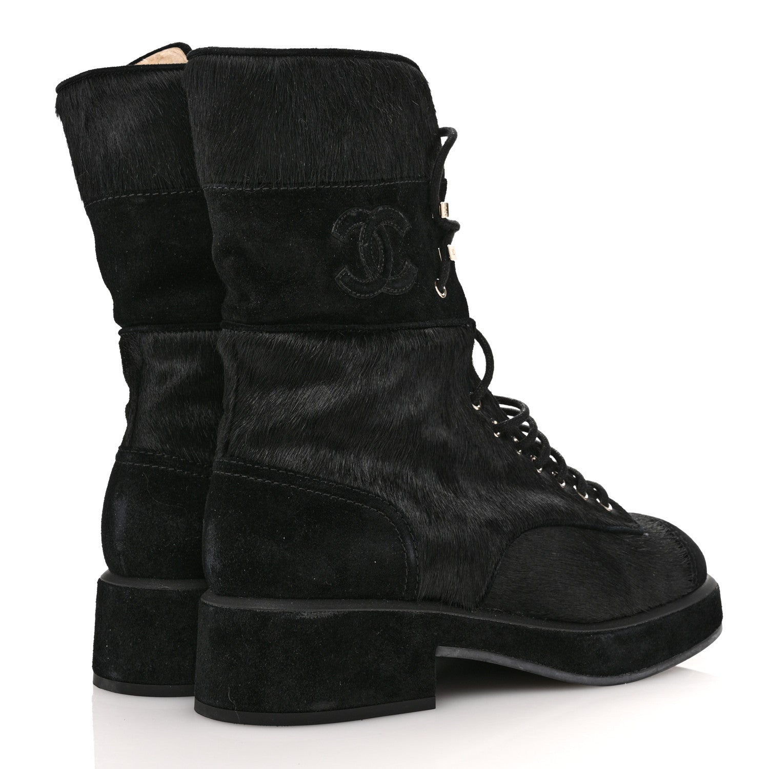 Chanel Suede Pony Hair Shearling Lace Up Combat Boots 40 Black 5 of 12