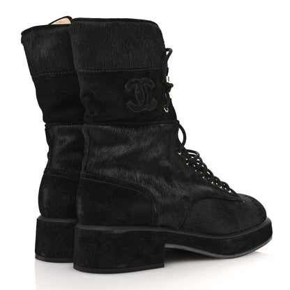 Chanel Suede Pony Hair Shearling Lace Up Combat Boots 40 Black 5 of 12