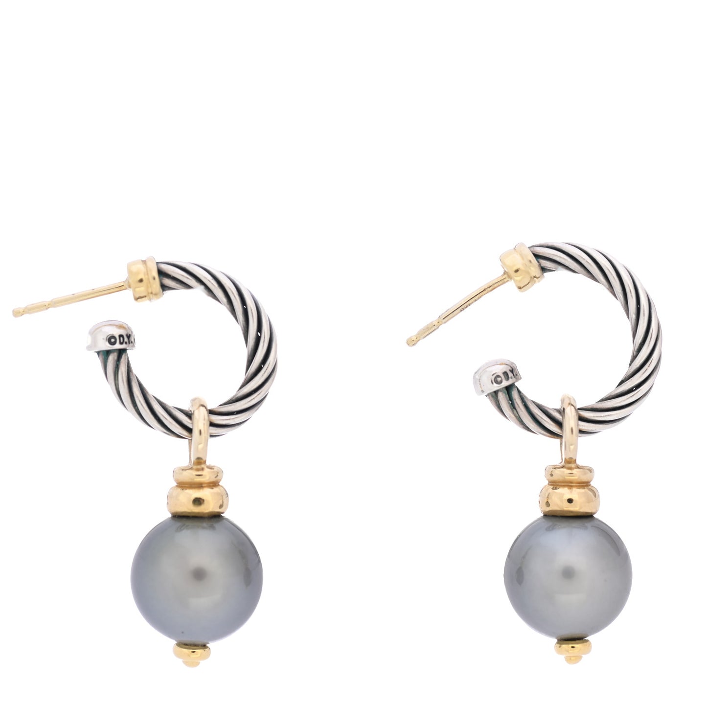 Sterling Silver 18K Yellow Gold Gray Pearl 11mm Cable Drop Earrings
