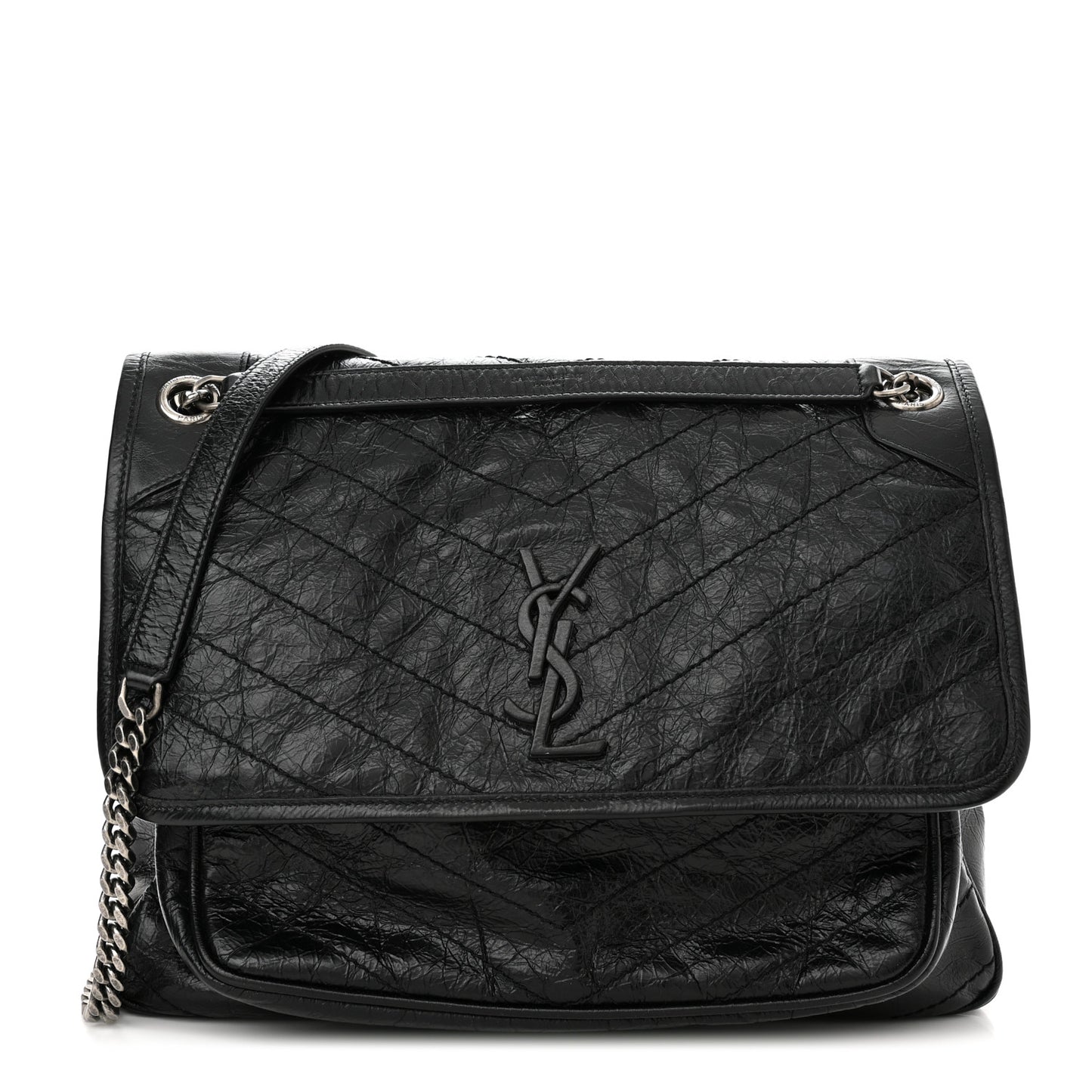 Crinkled Calfskin Matelasse Monogram Large Niki Chain Satchel Black