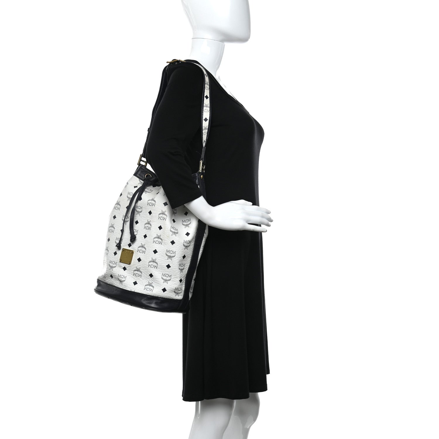 MCM Visetos Small Heritage Drawstring Bucket Bag White Black 2 of 19