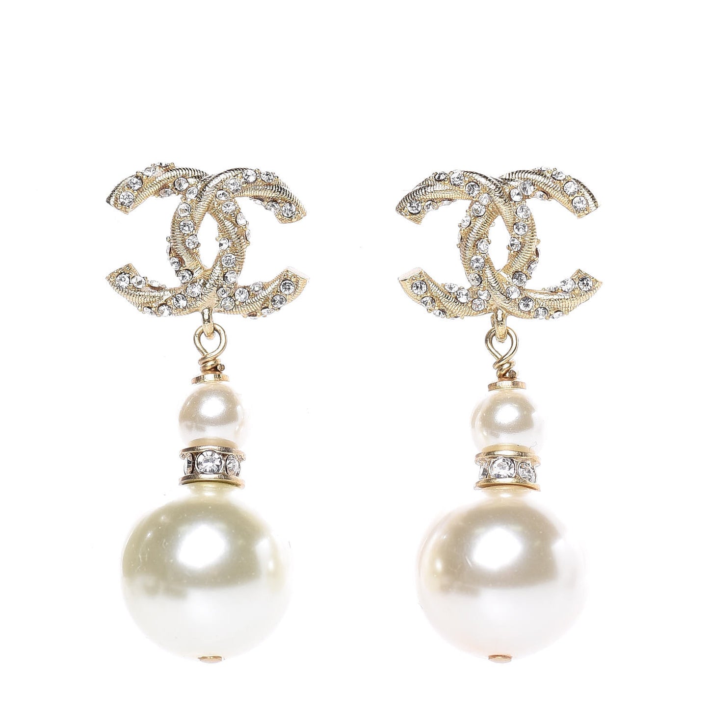 Pearl Crystal Twisted CC Drop Earrings Gold