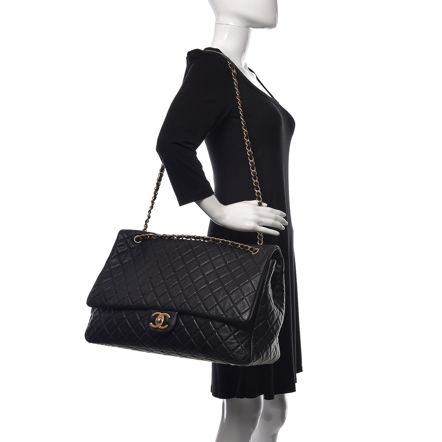 Calfskin Quilted XXL Travel Flap Bag Black
