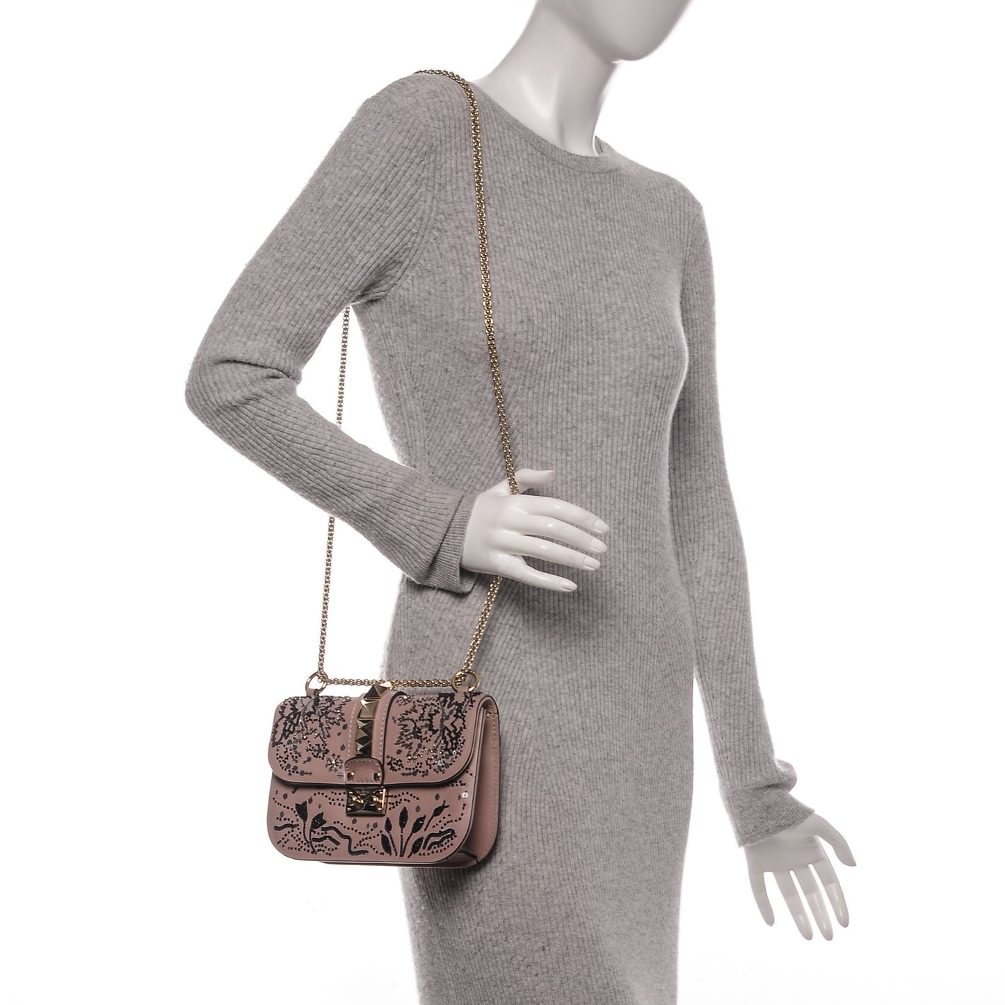 Vitello Beaded Small Glam Lock Rockstud Flap Poudre