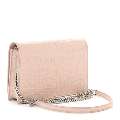 Saint Laurent Calfskin Crocodile Embossed Kate Monogram Tassel Chain Wallet Marble Pink 3 of 12