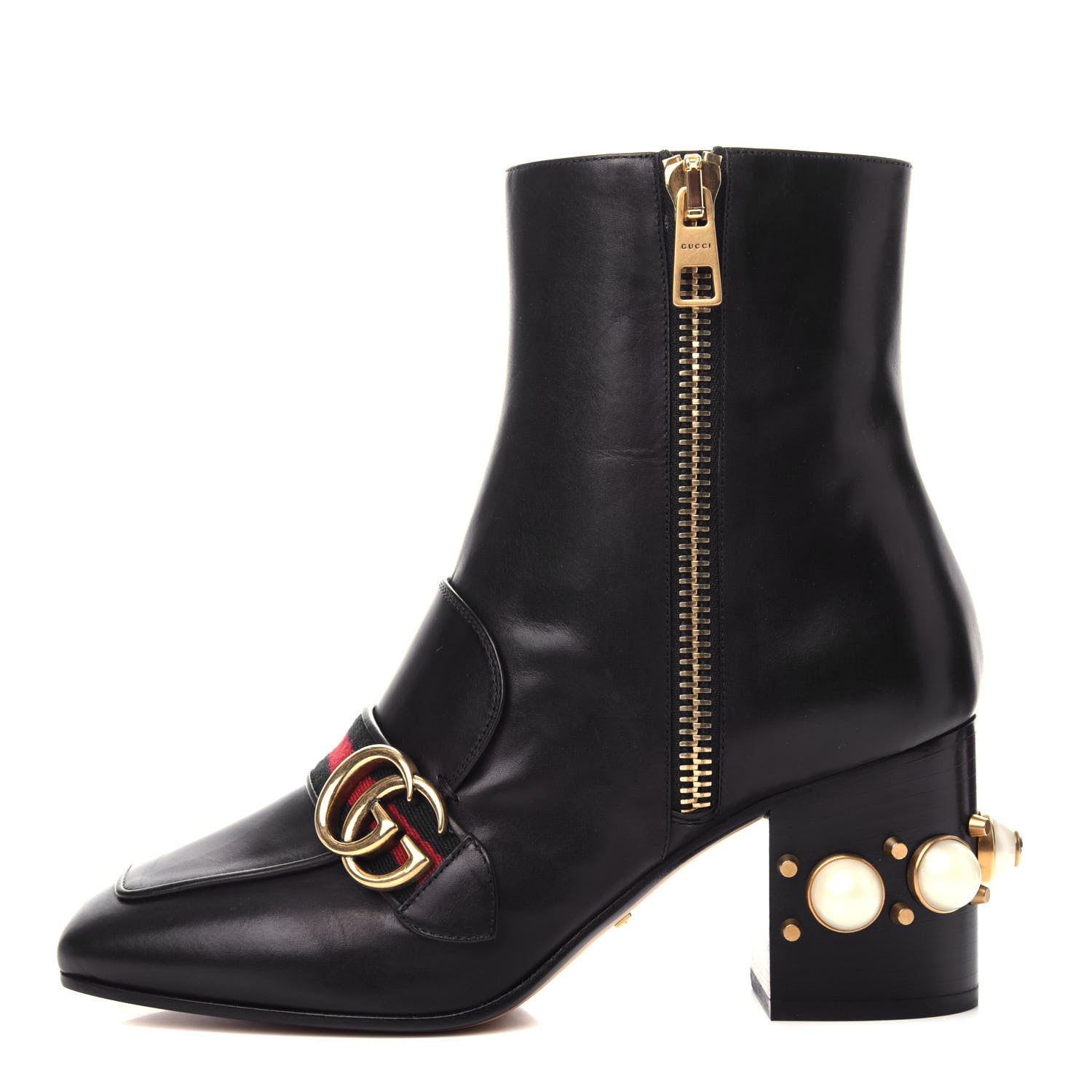 Gucci Betis Glamour Calfskin Web Pearl Embellished Peyton 75mm Ankle Boots 38 Black 1 of 11