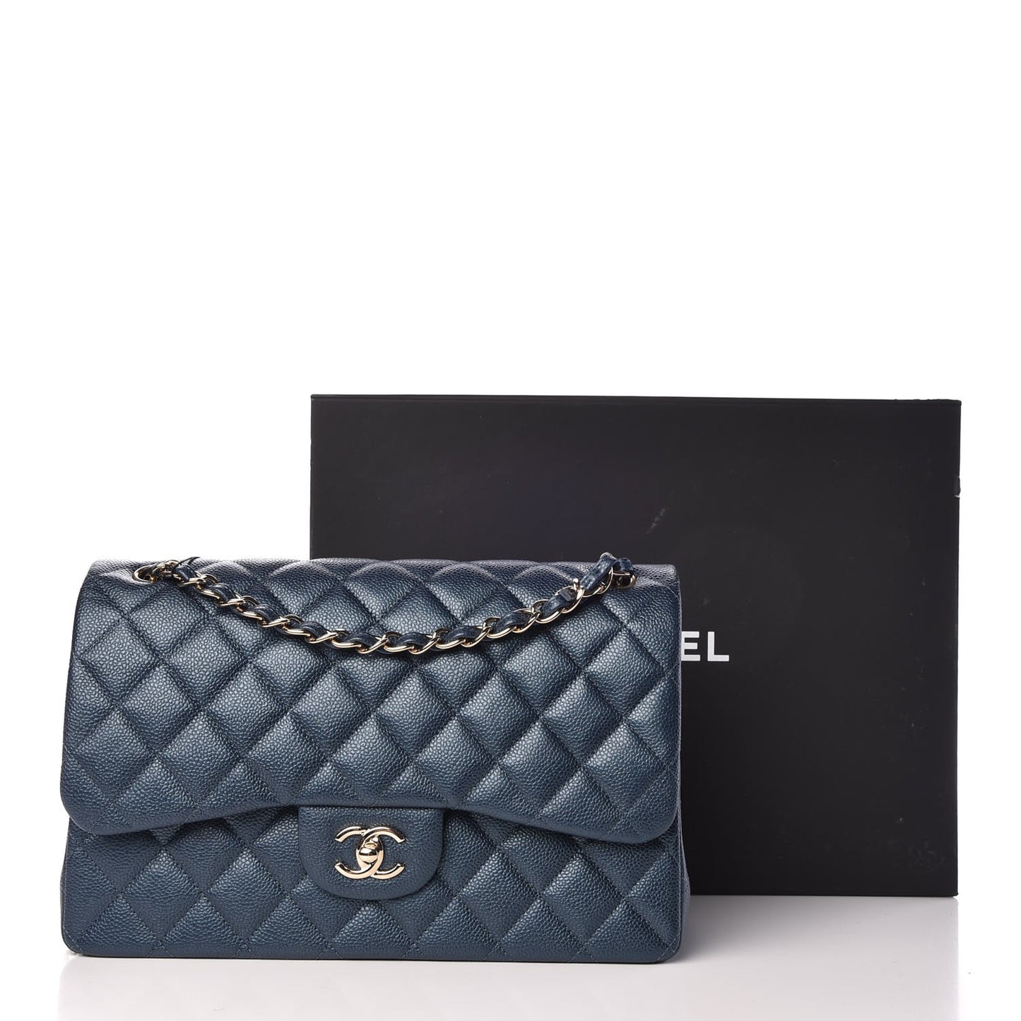 Iridescent Caviar Quilted Jumbo Double Flap Dark Blue