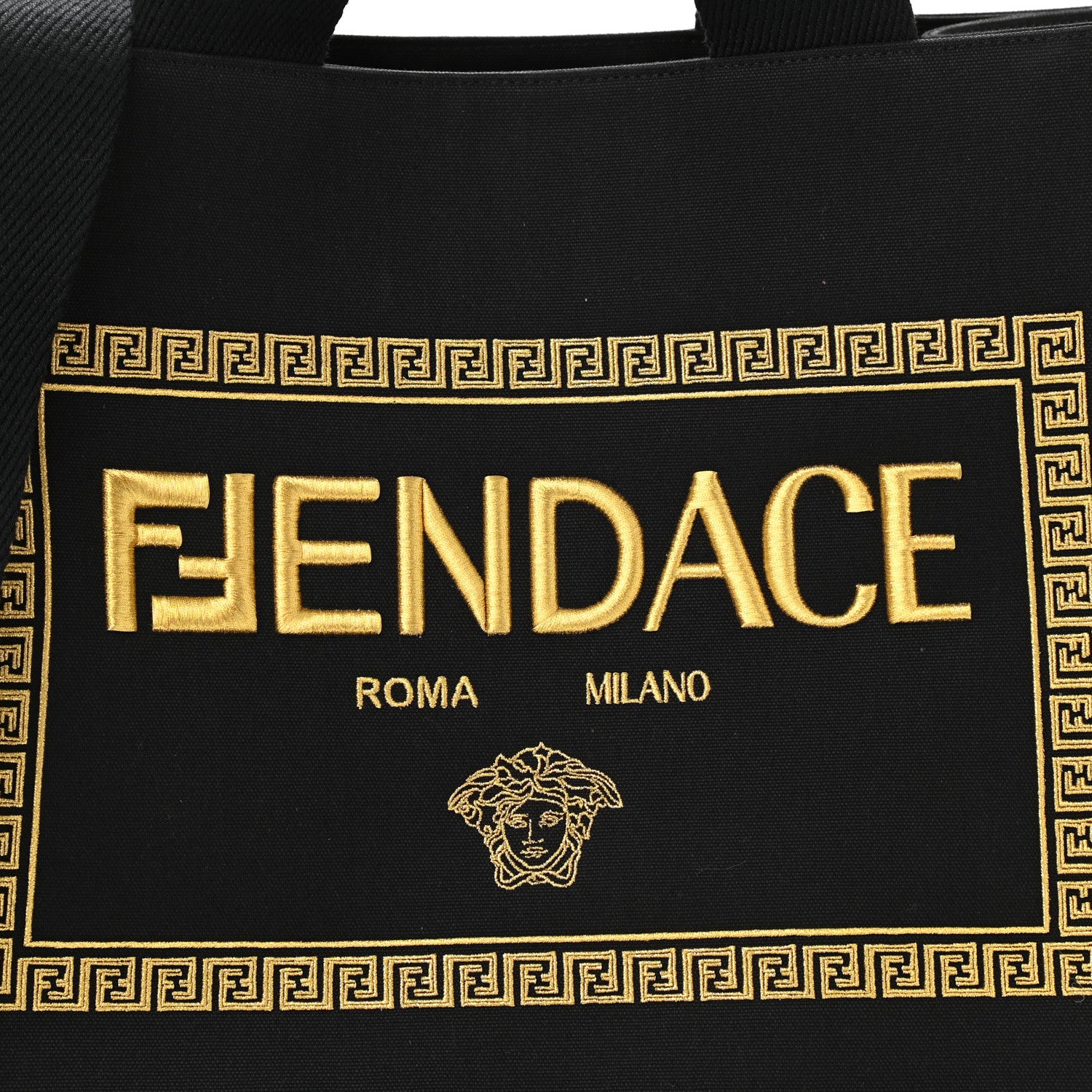 Fendi X VERSACE Cotton Canvas Cuoio Romano Fendace Logo Embroidered Signature Shopping Tote Black Gold 8 of 10