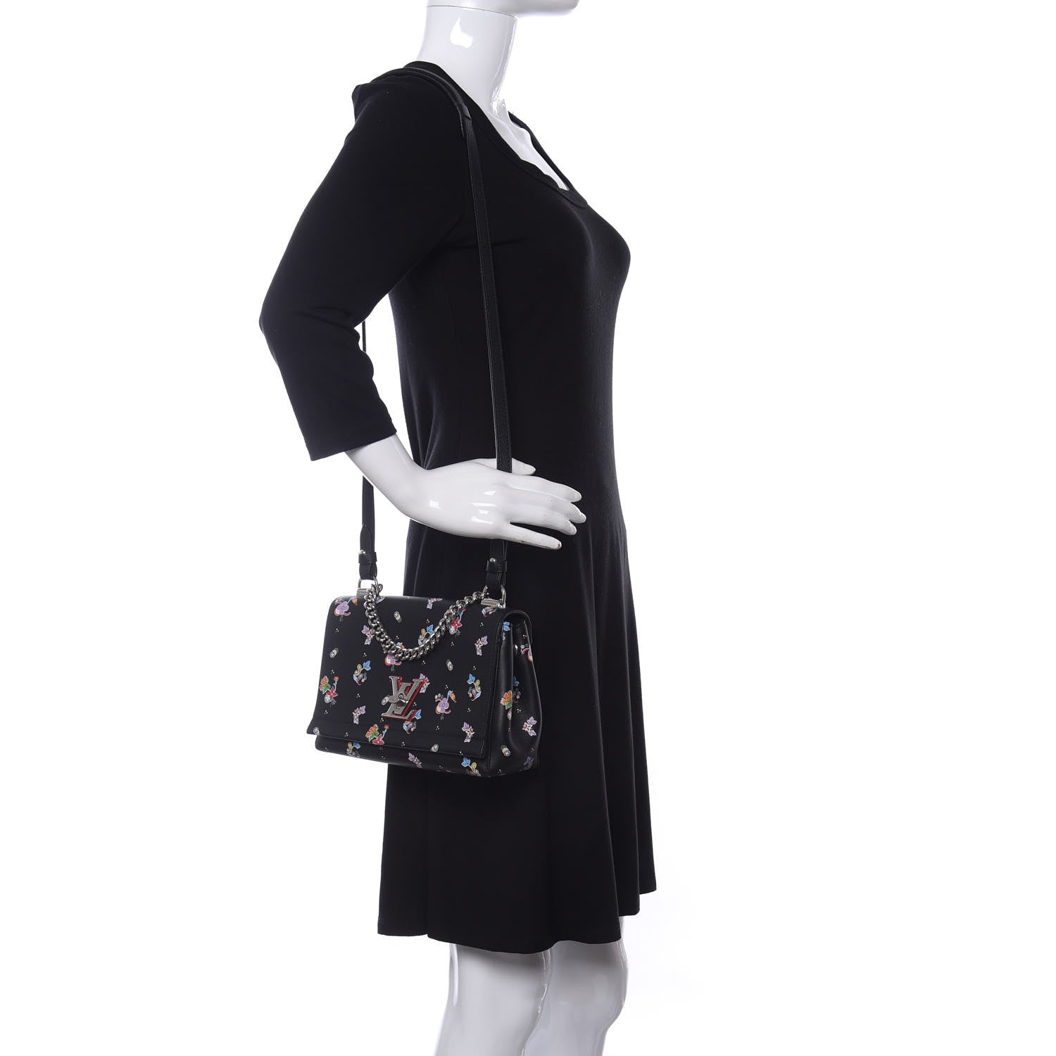 Louis Vuitton Soft Calfskin Lockme II Floral Chain Bag BB Black 2 of 10