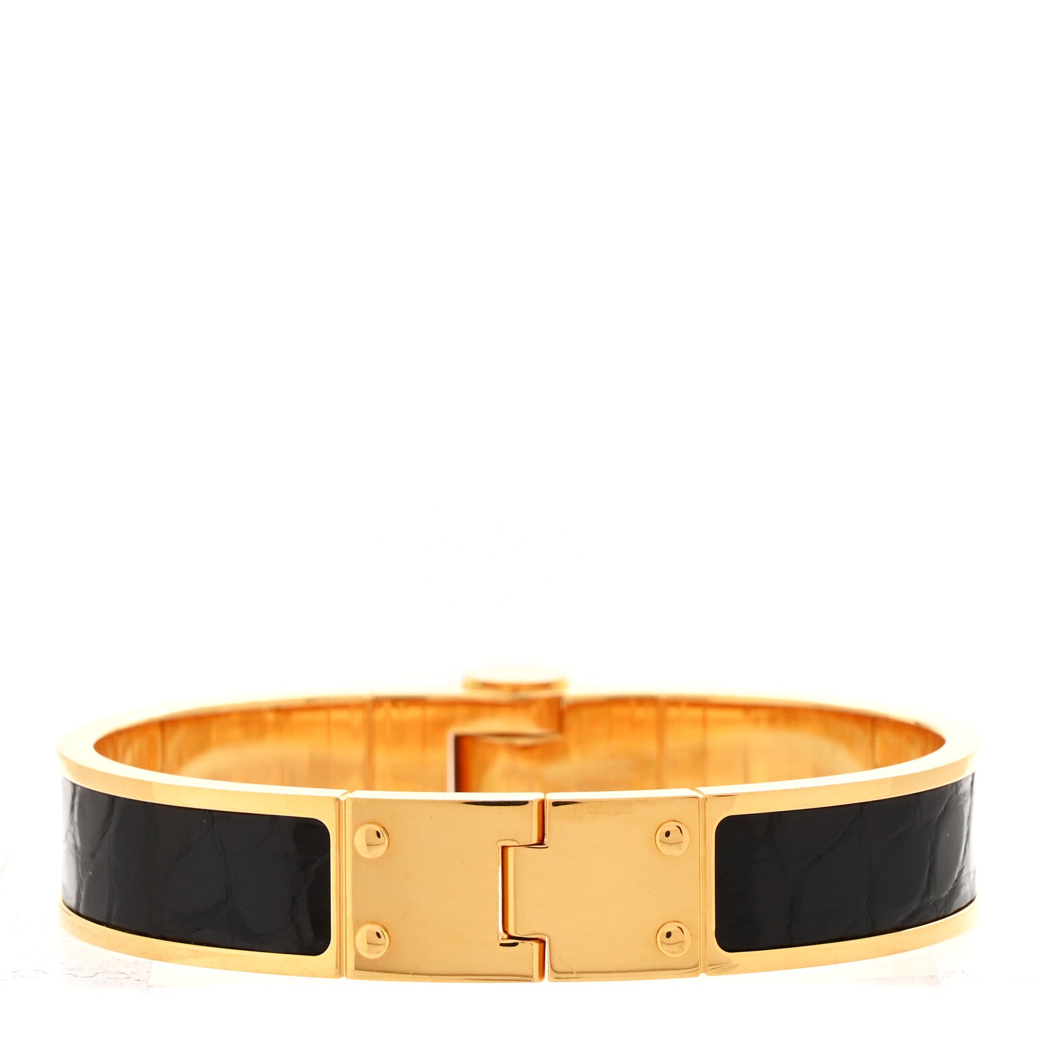Hermes Shiny Alligator Charniere Cuir Narrow Hinged Bracelet M Black 3 of 4