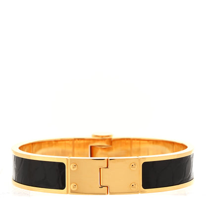 Hermes Shiny Alligator Charniere Cuir Narrow Hinged Bracelet M Black 3 of 4