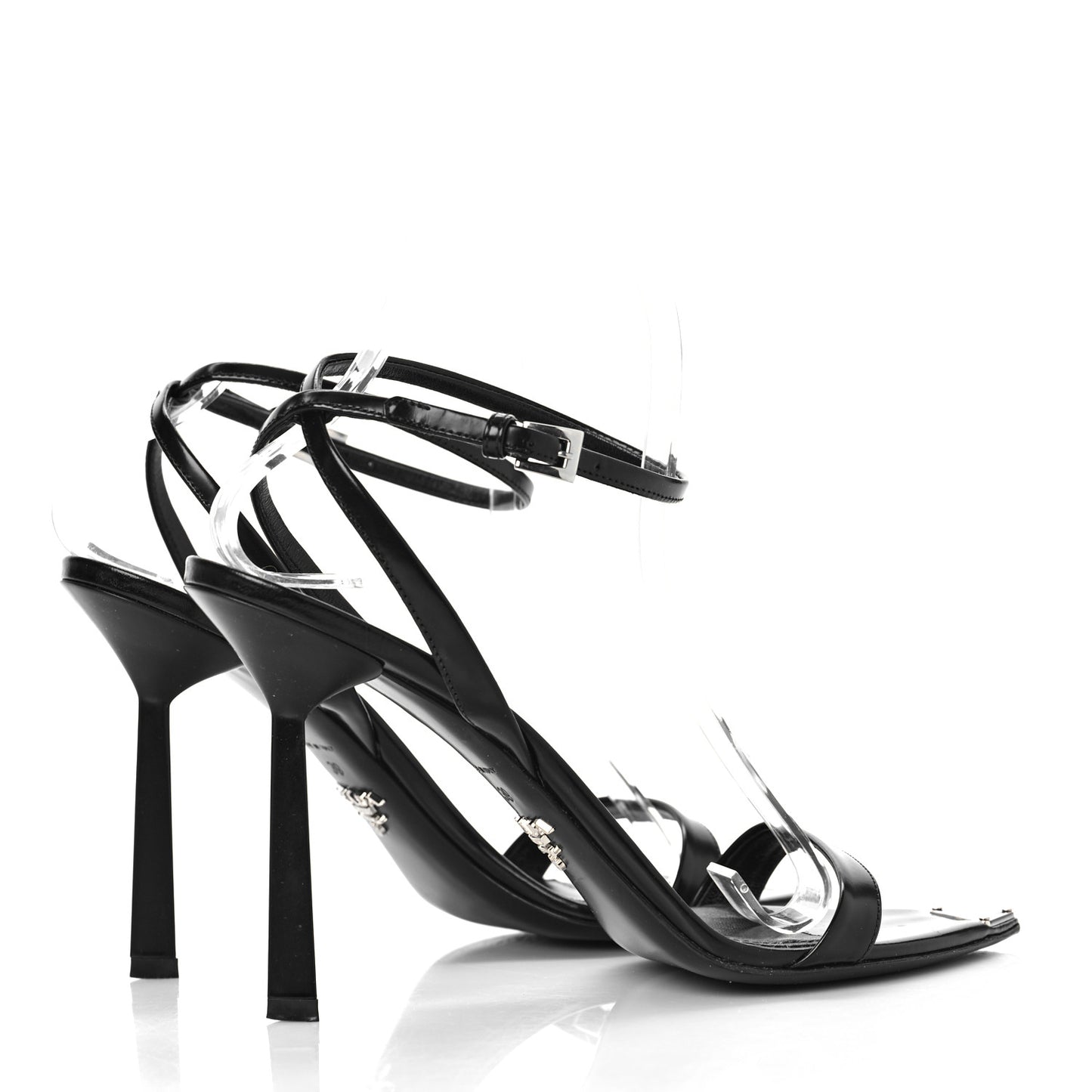 Calfskin Metal Triangle Logo High Heels Sandals 39 Black