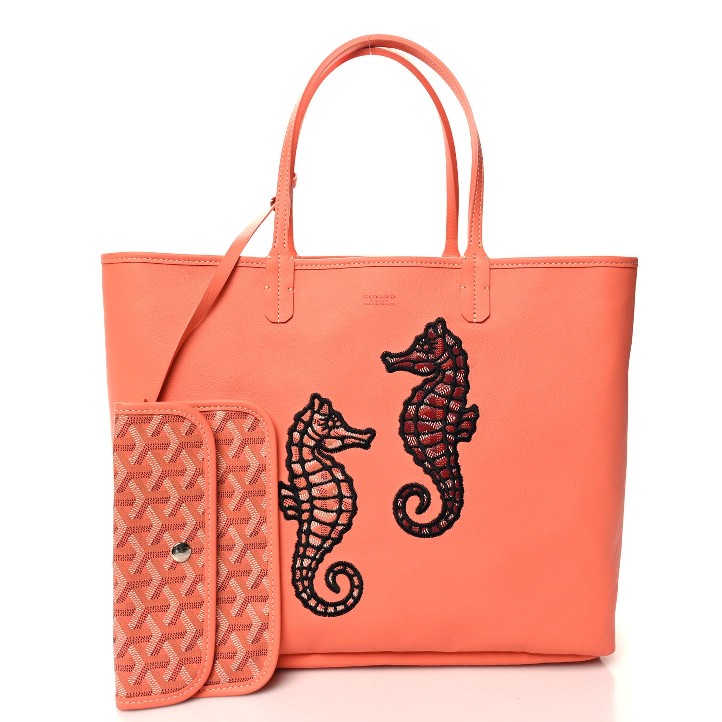 Goyardine Embroidered Seahorse Reversible Anjou PM Coral