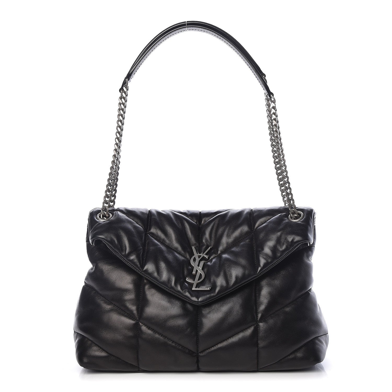 Saint Laurent Lambskin Quilted Medium Loulou Puffer Monogram Chain Satchel Black 1 of 10