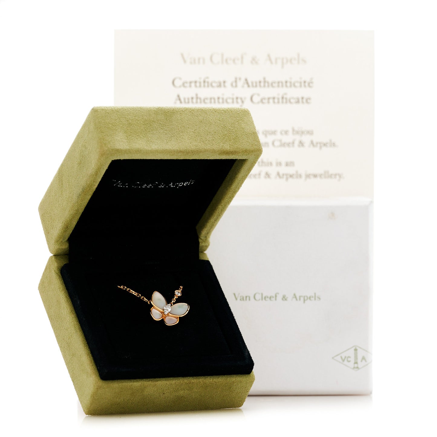 18K Rose Gold Diamond Mother of Pearl Two Butterfly Pendant Necklace