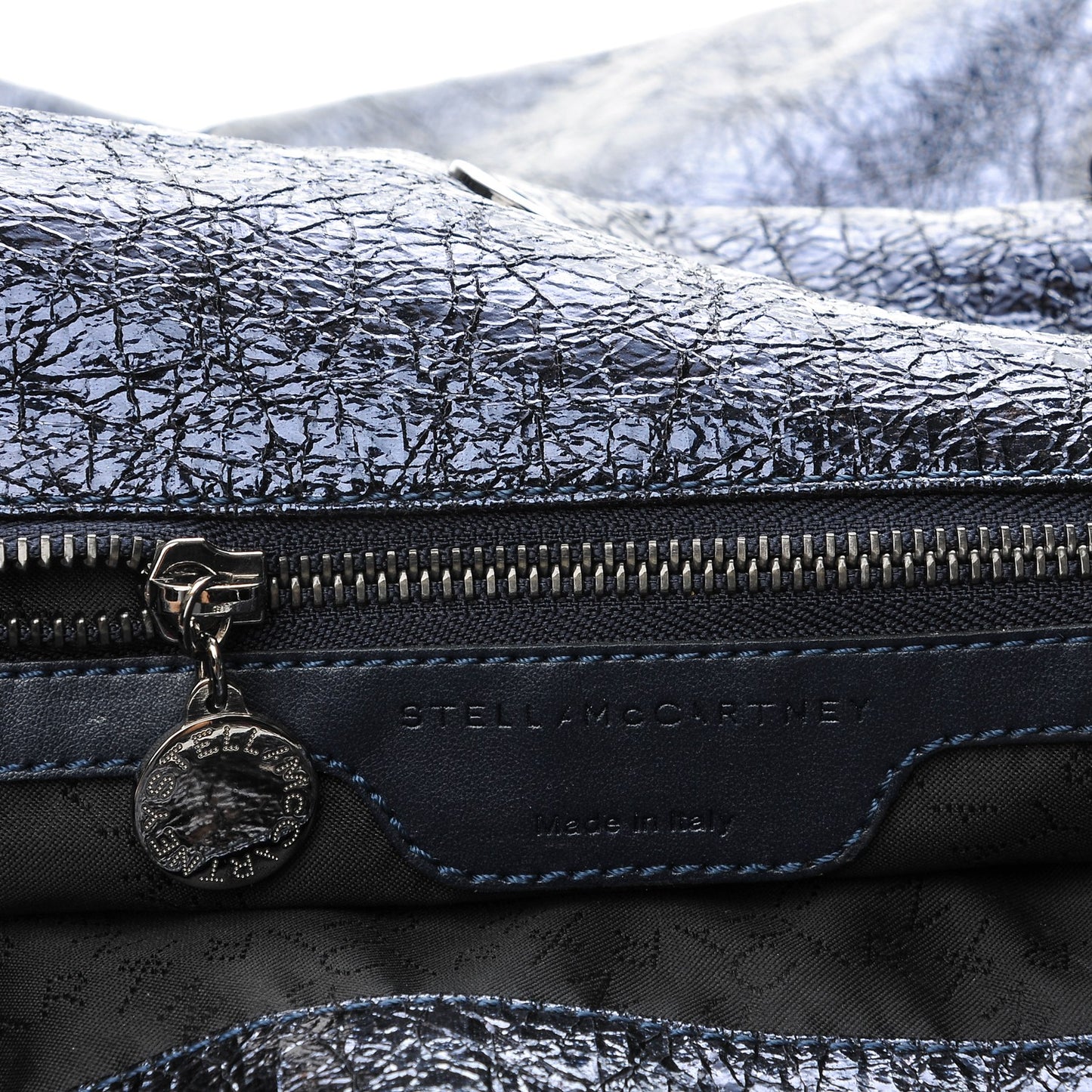 Metallic Crackle Small Falabella Fold Over Tote Navy