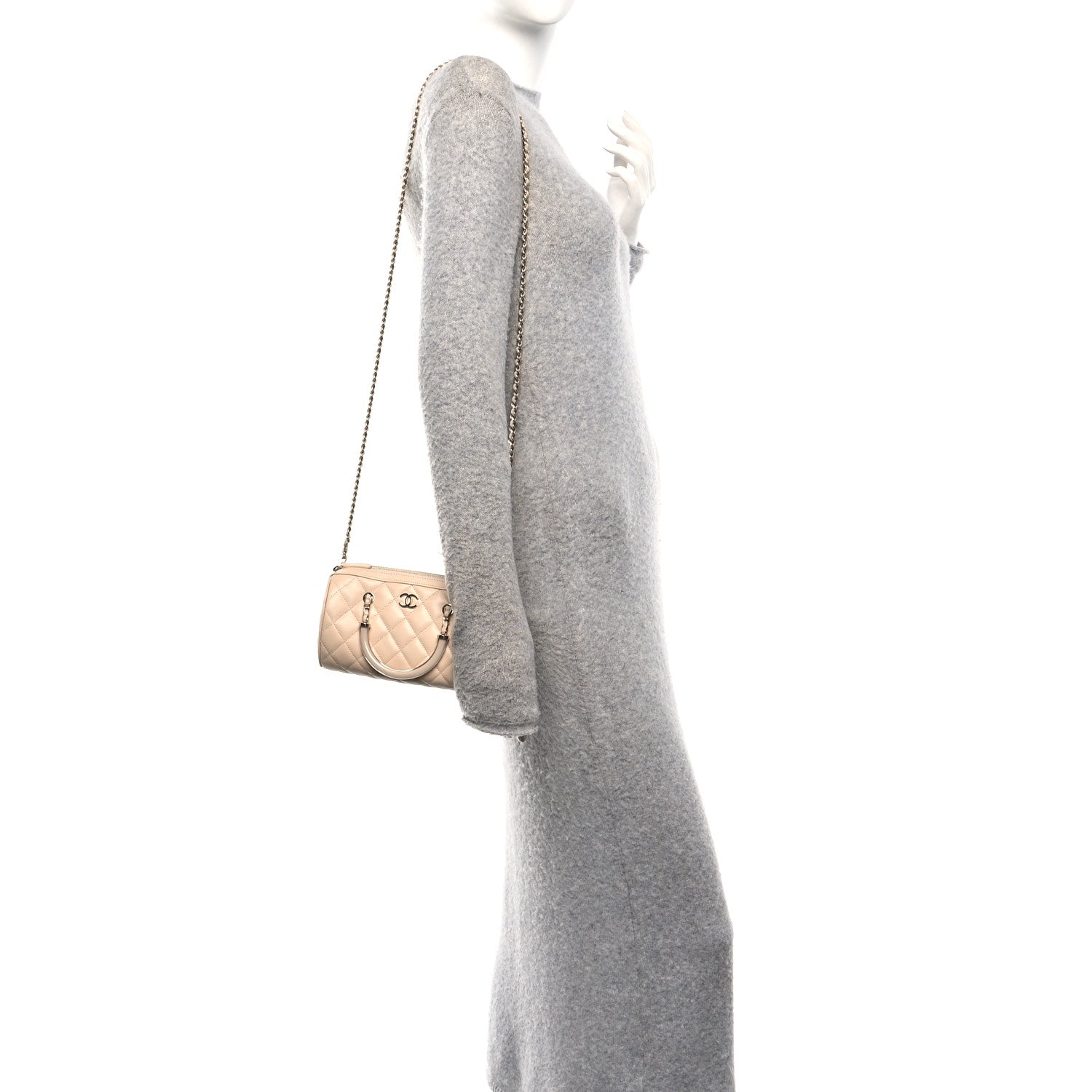 Chanel Lambskin Quilted Barrel Clutch With Chain Light Beige 2 of 10
