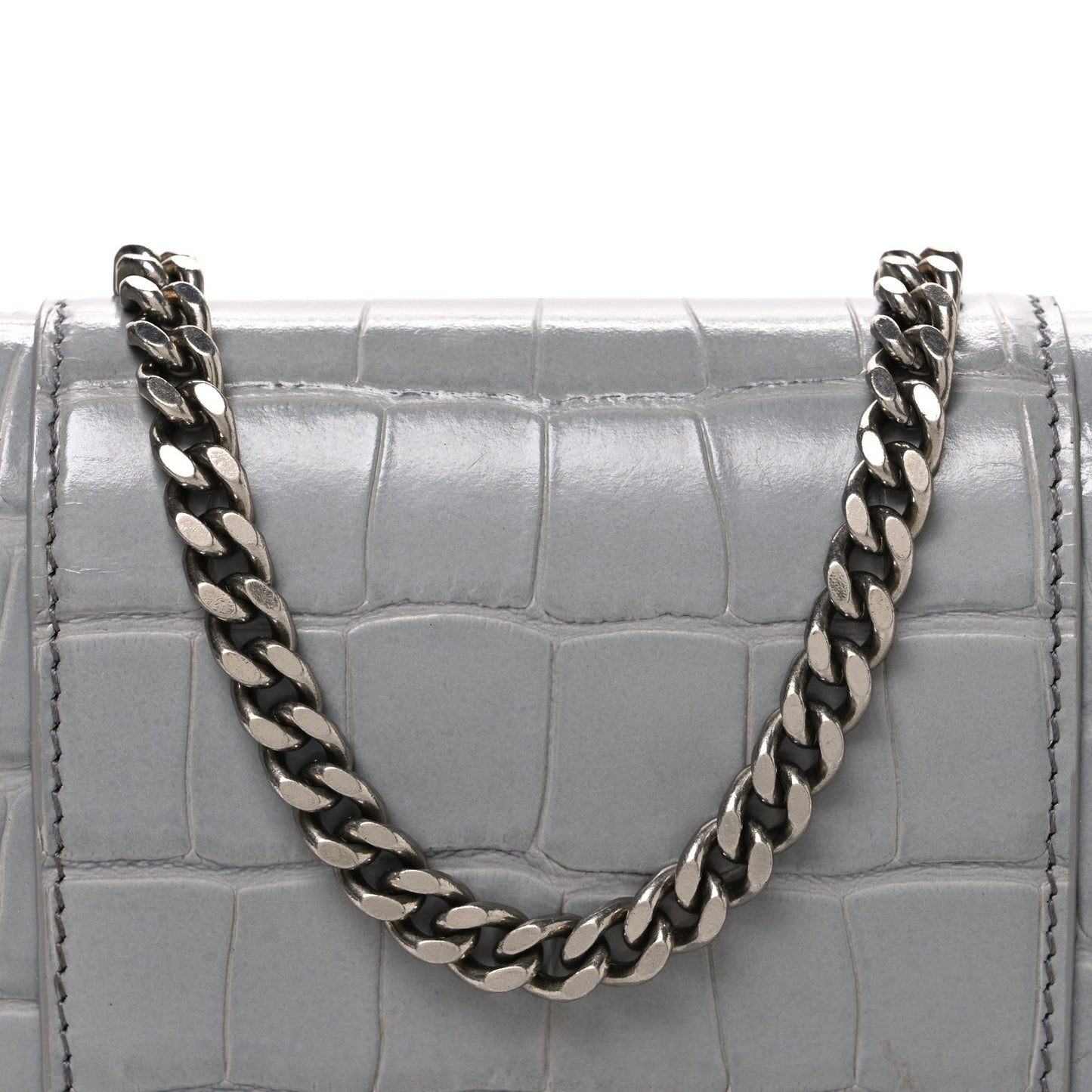 Shiny Calfskin Crocodile Embossed Hourglass Chain Bag Balenciaga Steel Grey