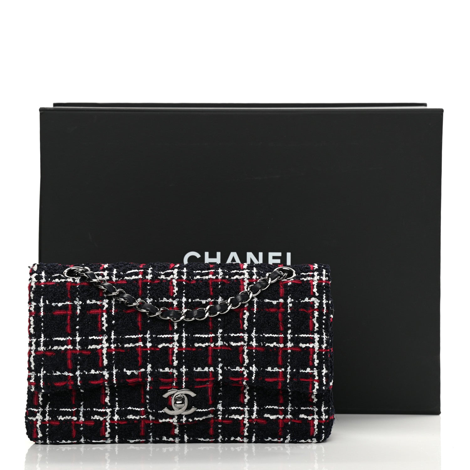 Chanel Tweed Quilted Medium Double Flap Navy White Red 16 of 16