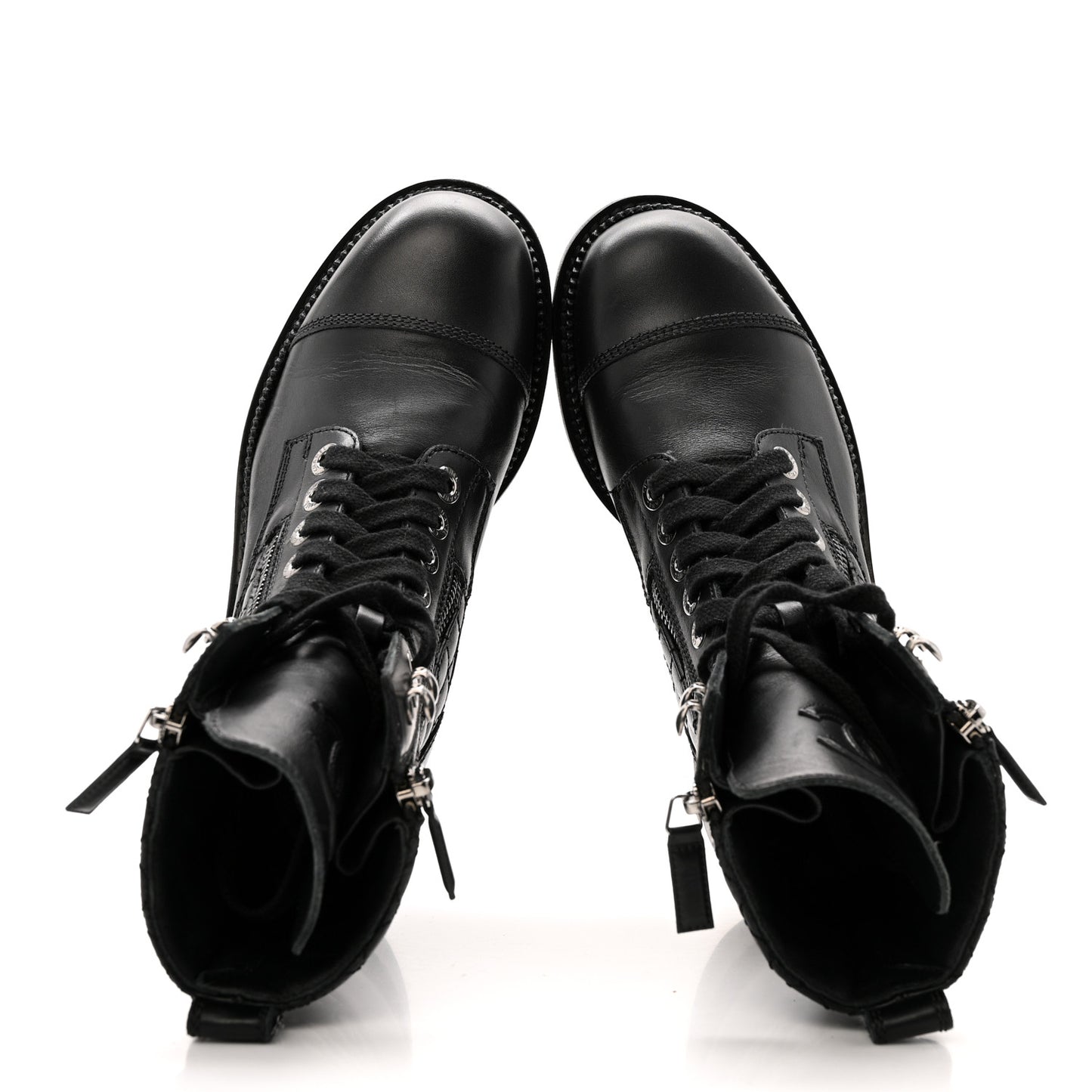 Calfskin Quilted Lace Up Combat Boots 36.5 Black