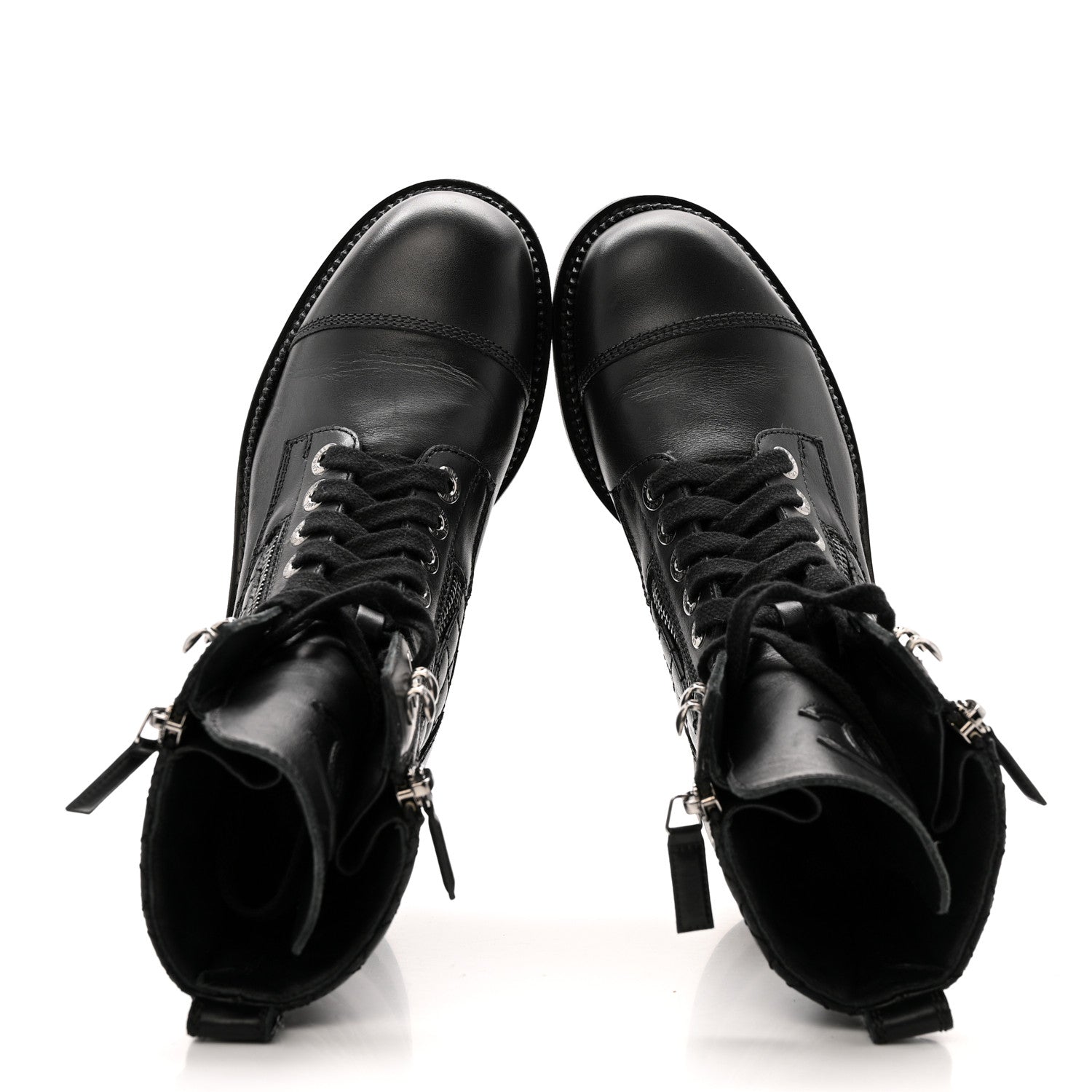 Chanel Calfskin Quilted Lace Up Combat Boots 36.5 Black 2 of 13