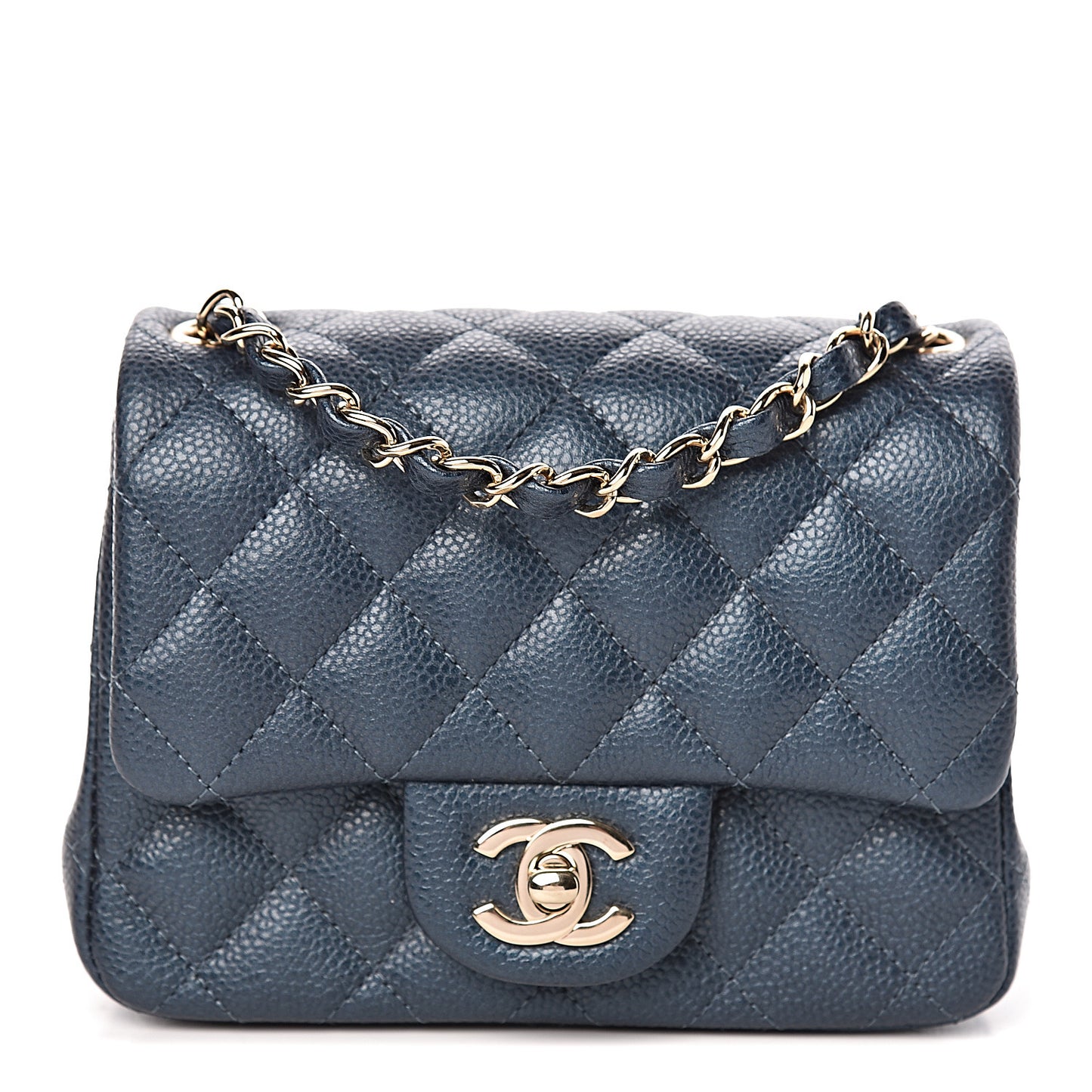 Iridescent Caviar Quilted Mini Square Flap Dark Blue