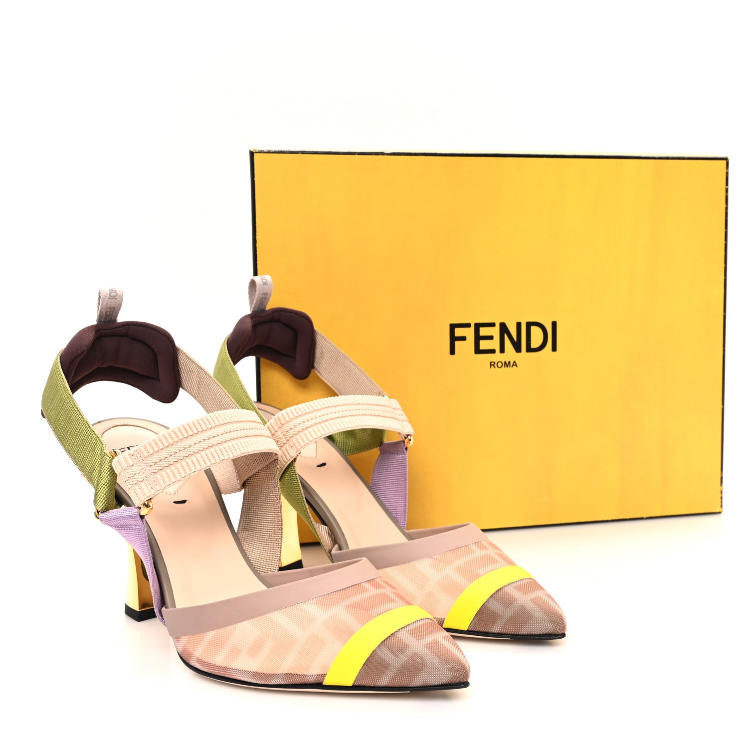 FENDI コリブリ　ミュール パンプス イエロー ストラップ ハイヒール Fendi Mesh Vitello FF Colibri 100mm Slingback Pumps 39 Rose