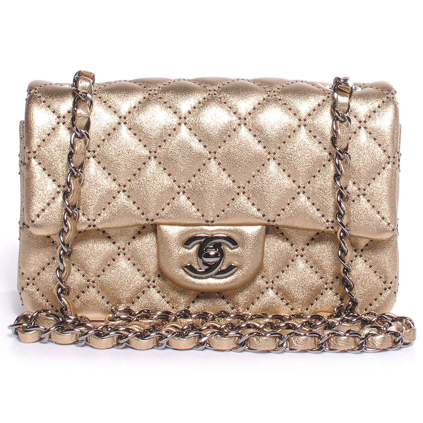 Metallic Washed Lambskin Quilted New Mini Flap Dark Gold Black