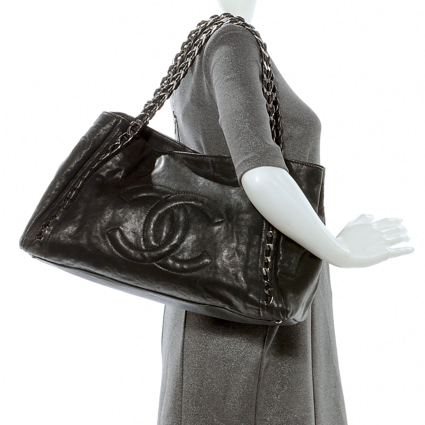 Leather Modern Chain Large Tote Black