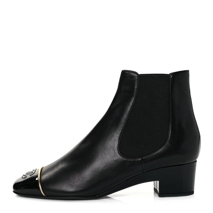 Chanel Lambskin Patent Cap Toe Short Ankle Boots 37.5 Black 1 of 8