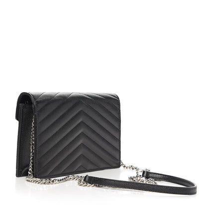 Saint Laurent Grain De Poudre Matelasse Chevron Monogram Envelope Chain Wallet Black 2 of 8