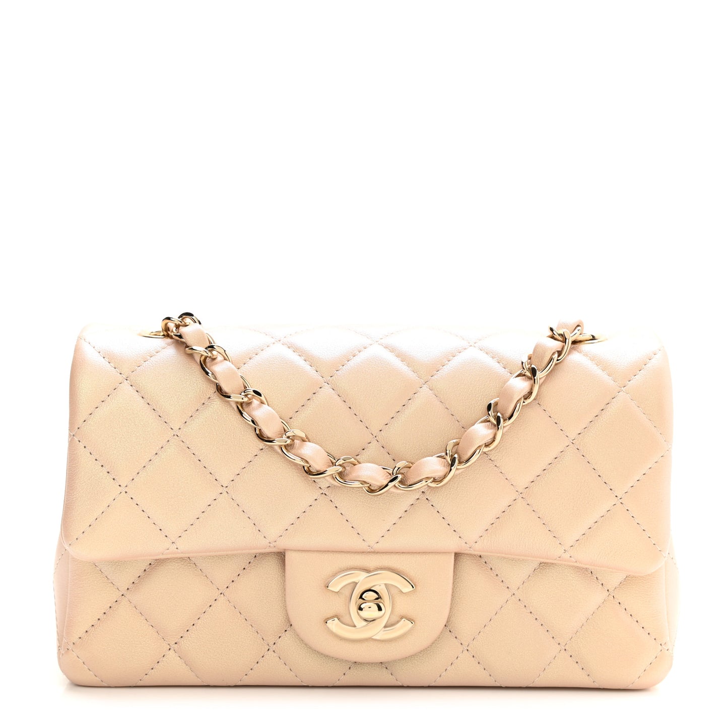 Iridescent Calfskin Quilted Mini Rectangular Flap Beige