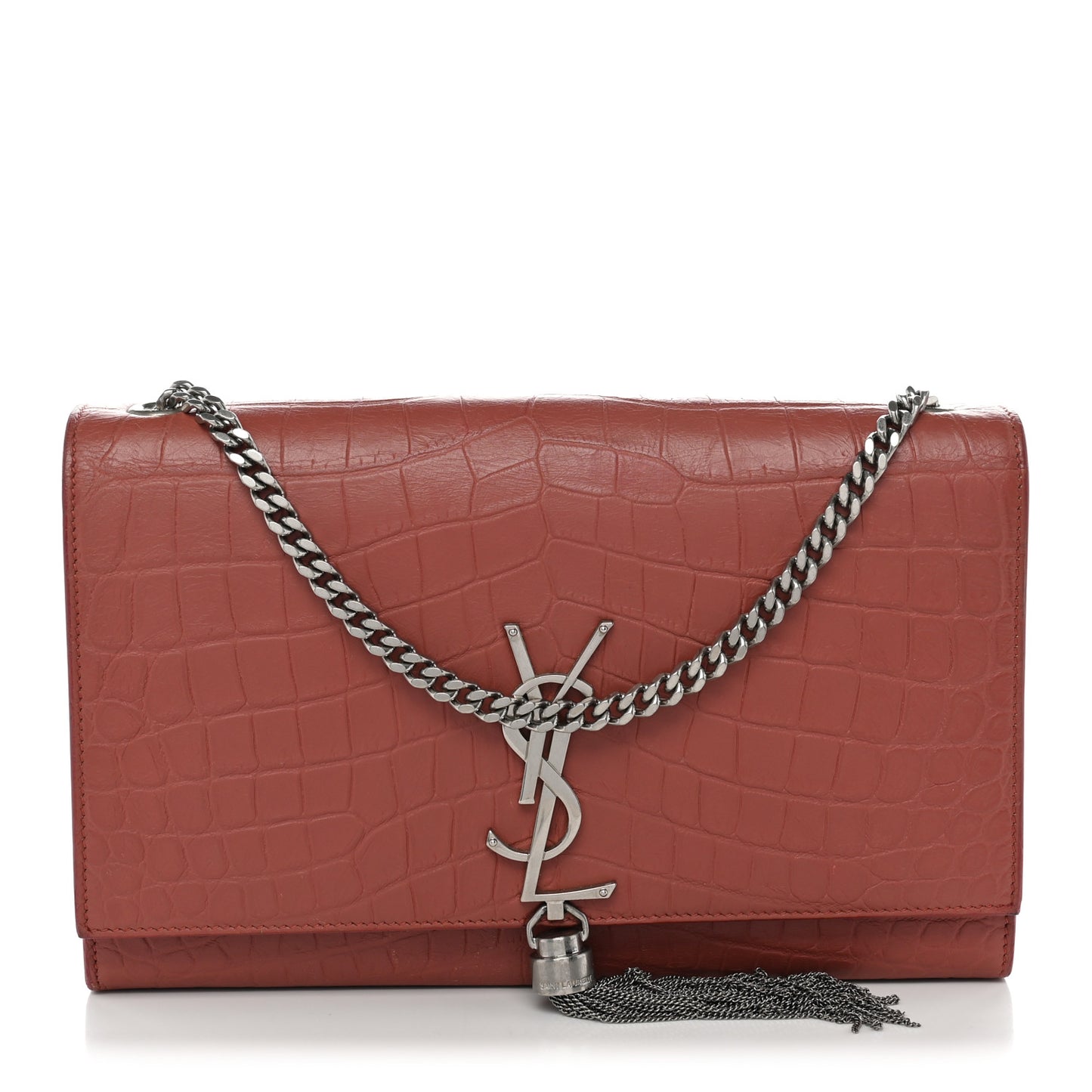 Calfskin Crocodile Embossed Medium Classic Monogram Kate Tassel Satchel Pink