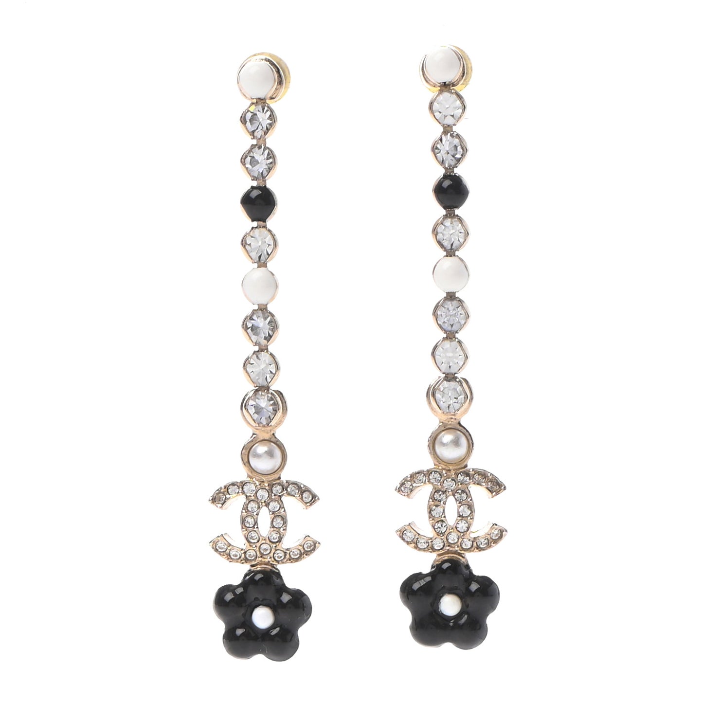 Crystal Enamel Flower CC Drop Earrings Gold White Black