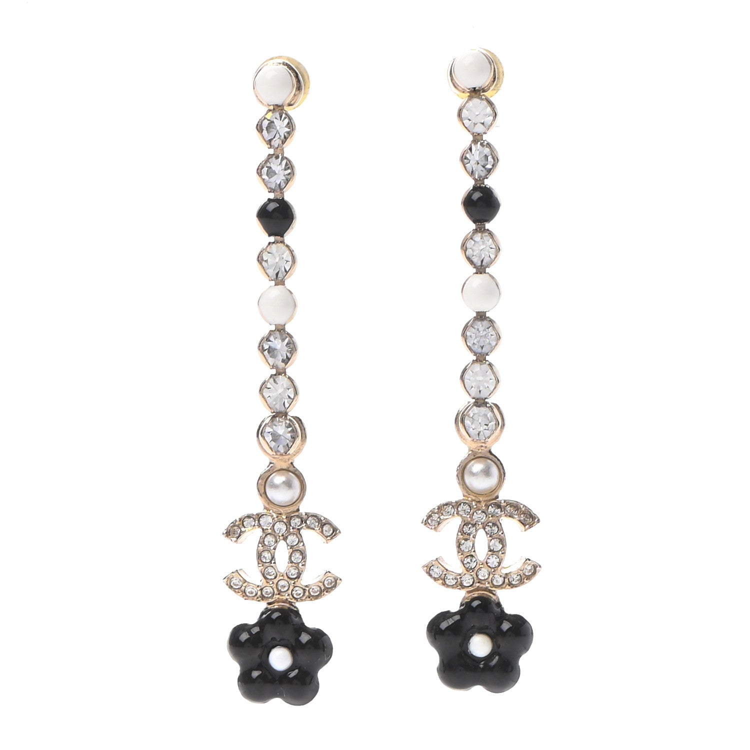 Chanel Crystal Enamel Flower CC Drop Earrings Gold White Black 1 of 4