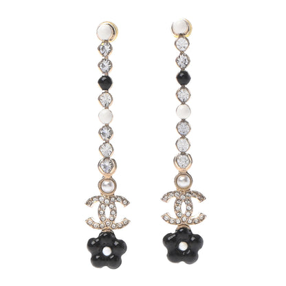 Chanel Crystal Enamel Flower CC Drop Earrings Gold White Black 1 of 4