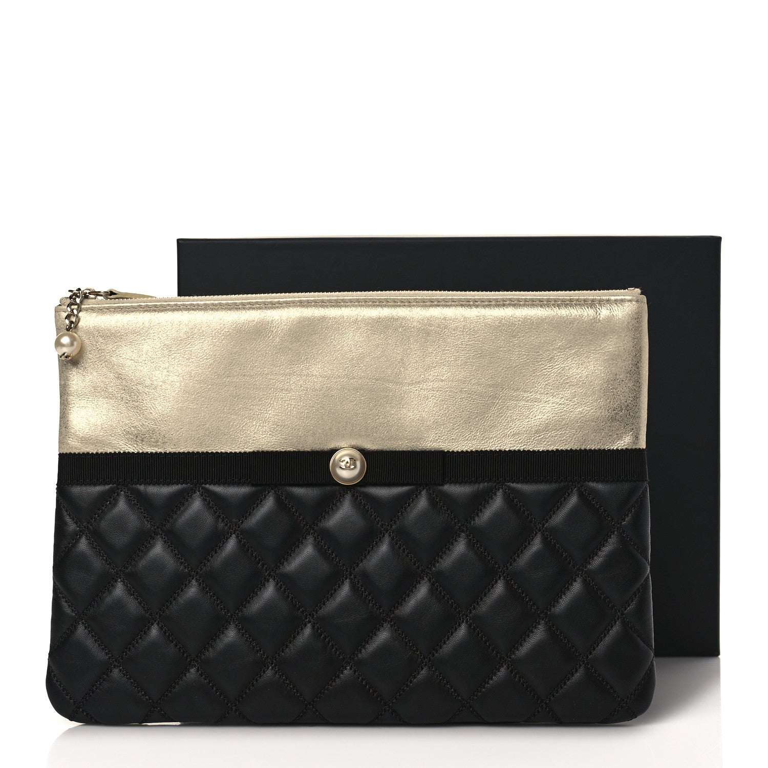 Chanel Metallic Goatskin Lambskin Grosgrain Pearl CC Medium Cosmetic Case Black Gold 10 of 10